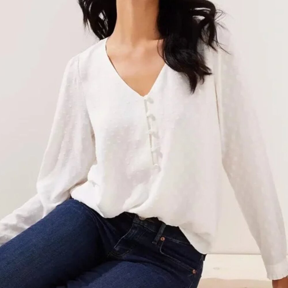 LOFT White Clip Dot Vneck Blouse - Size L